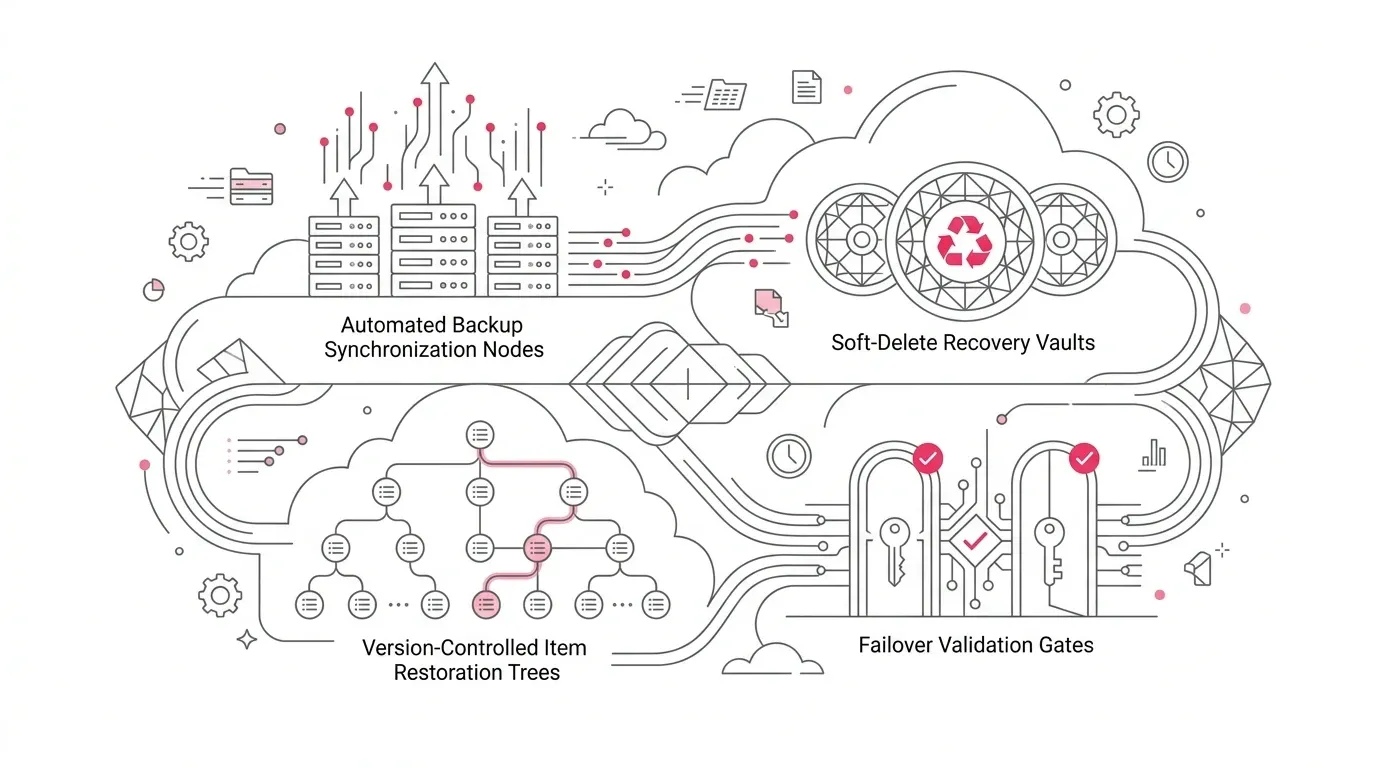 Resilient cloud analytics disaster recovery architecture showing soft-delete recovery vaults, version-controlled item restoration trees, automated backup synchronization nodes, and failover validation gates with subtle #e71e4c pink accents on pure white background.