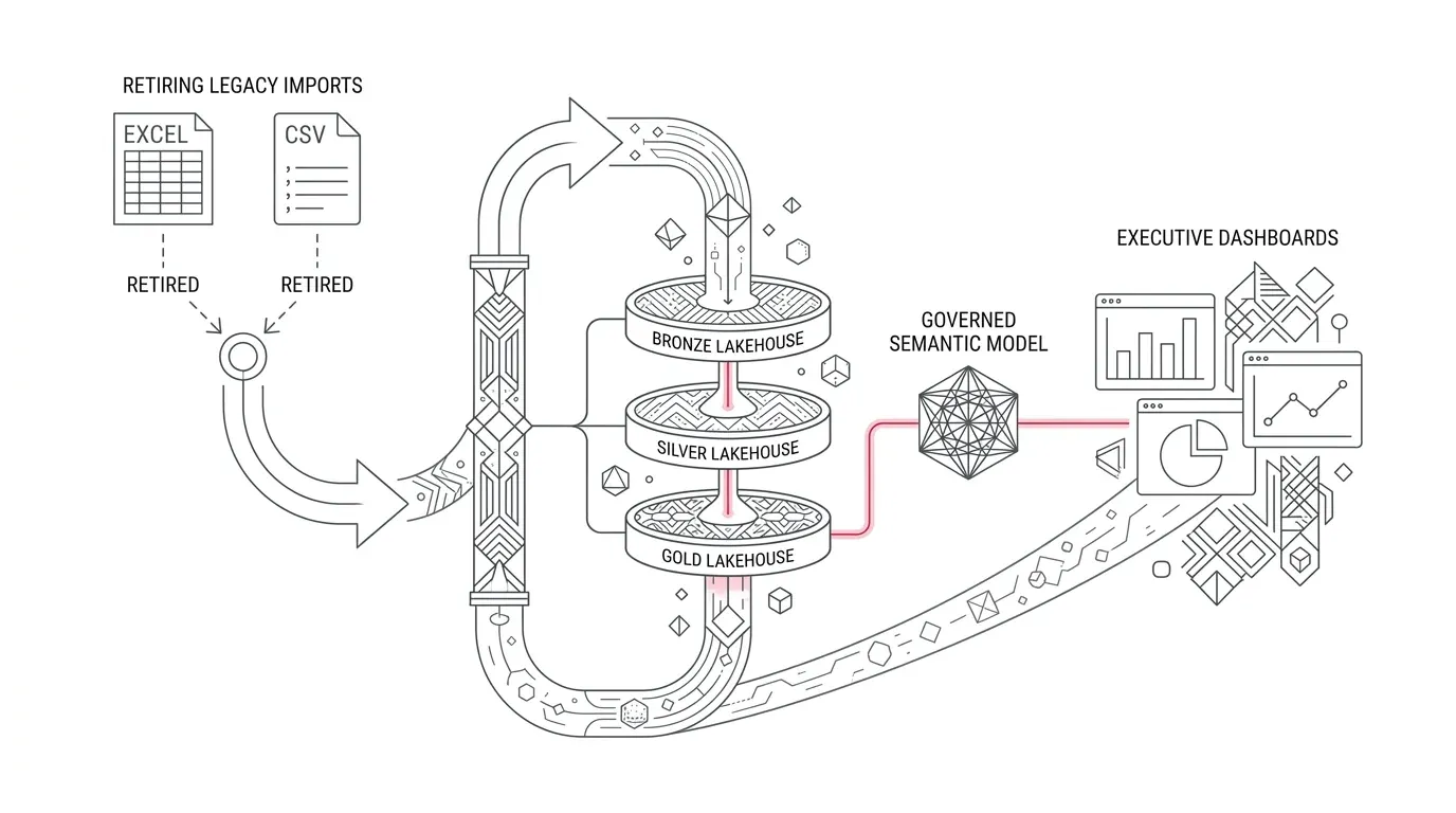 Microsoft Fabric data recovery architecture: migrating retired Power BI Excel and CSV legacy imports into OneLake medallion layers, governed semantic models, and certified executive dashboards.