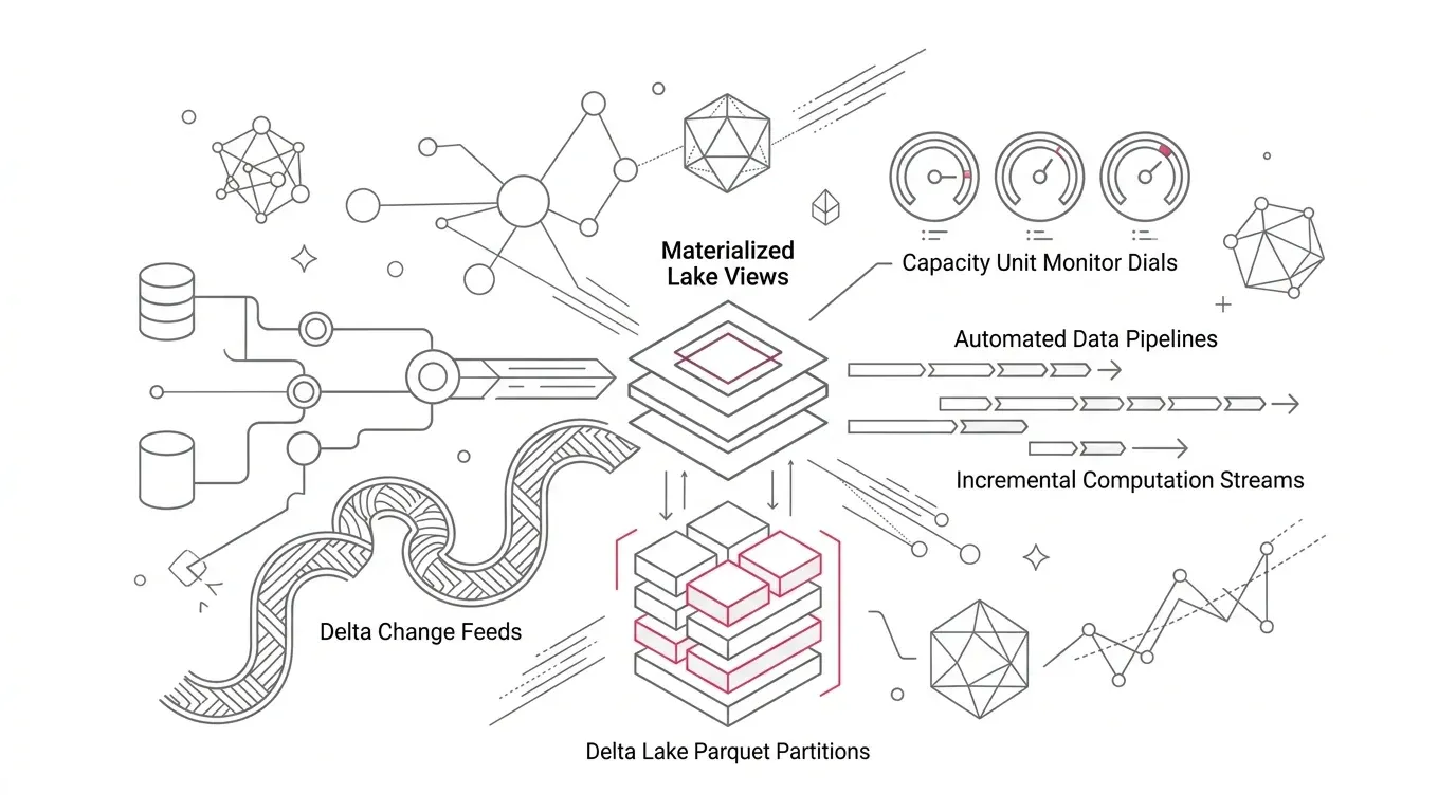Microsoft Fabric materialized lake views refresh governance architecture showing Delta Lake parquet partitions, automated data pipelines, delta change feeds, incremental computation streams, and capacity unit monitor dials with subtle #e71e4c accents on pure white background.