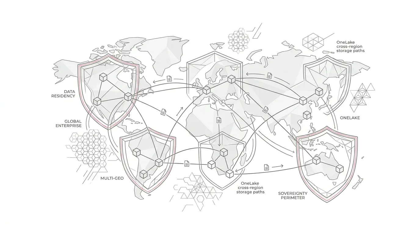 Microsoft Fabric Multi-Geo data residency architecture: regional workload placement, OneLake storage paths, sovereignty shields, and cross-region migration.