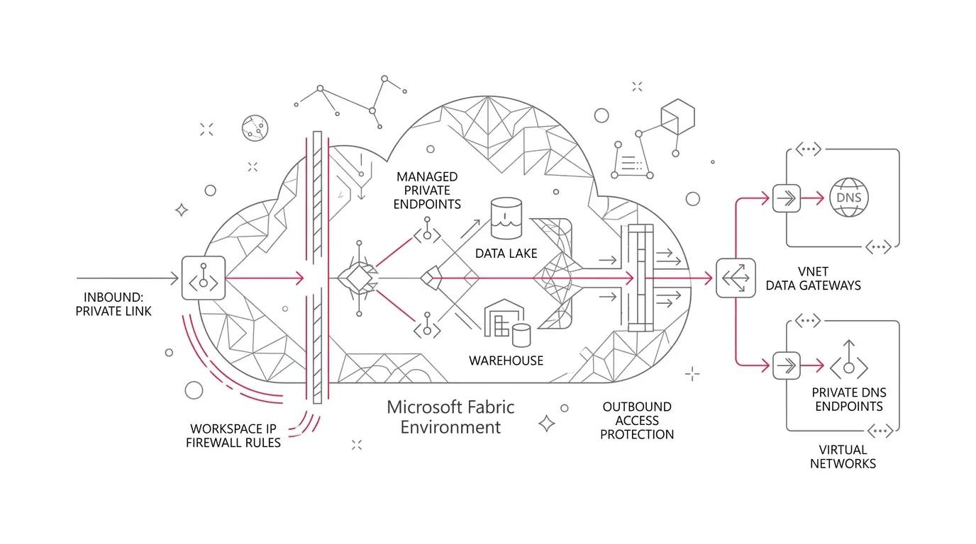 Microsoft Fabric zero-trust network isolation architecture showing inbound Private Link, workspace IP firewall rules, outbound access protection, and managed private endpoints.