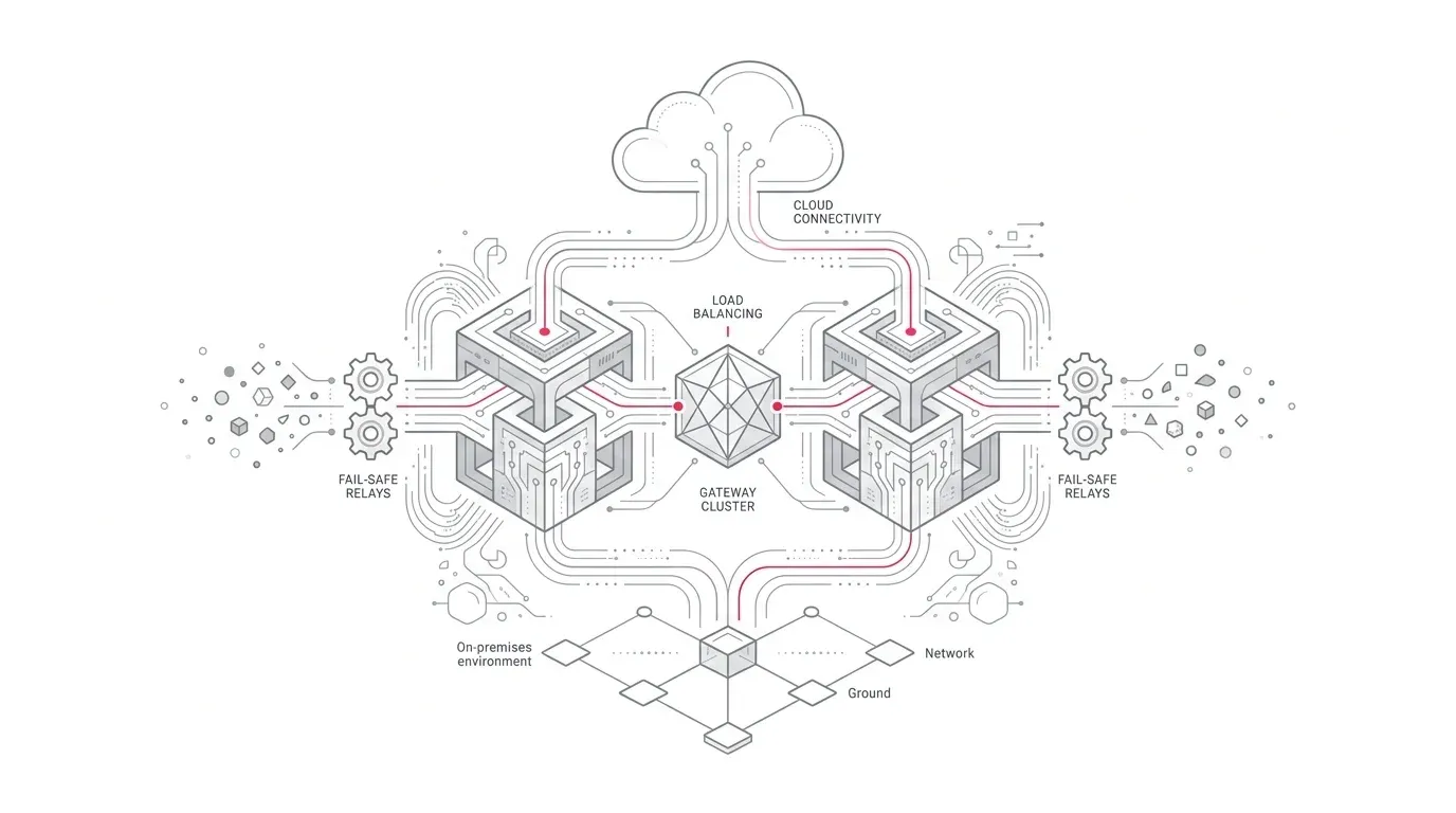 Microsoft Fabric on-premises data gateway resilience architecture showing cluster load balancing, outbound network rules, version drift monitoring, and disaster recovery with subtle #e71e4c accents on pure white background.
