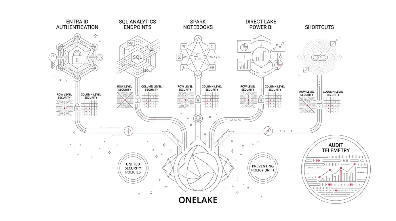 Unified Microsoft Fabric OneLake security architecture preventing policy drift across SQL analytics endpoints, Spark notebooks, Direct Lake Power BI, and shortcuts with Entra ID authentication and audit telemetry.