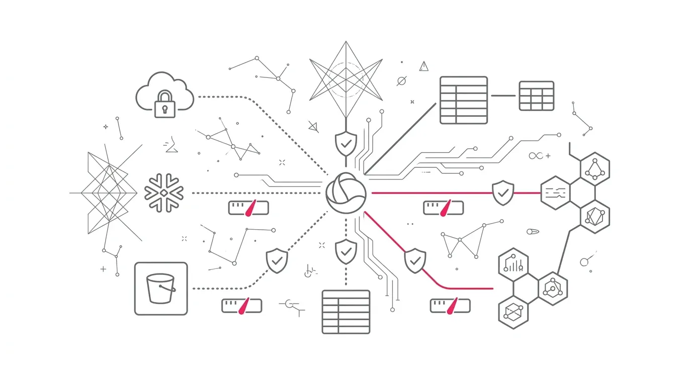 OneLake data virtualization shortcut topology showing virtual data pointers linking multi-cloud storage buckets, lakehouse tables, and data mesh nodes with dependency validation meters and integrity shields with subtle #e71e4c pink accents on pure white background.