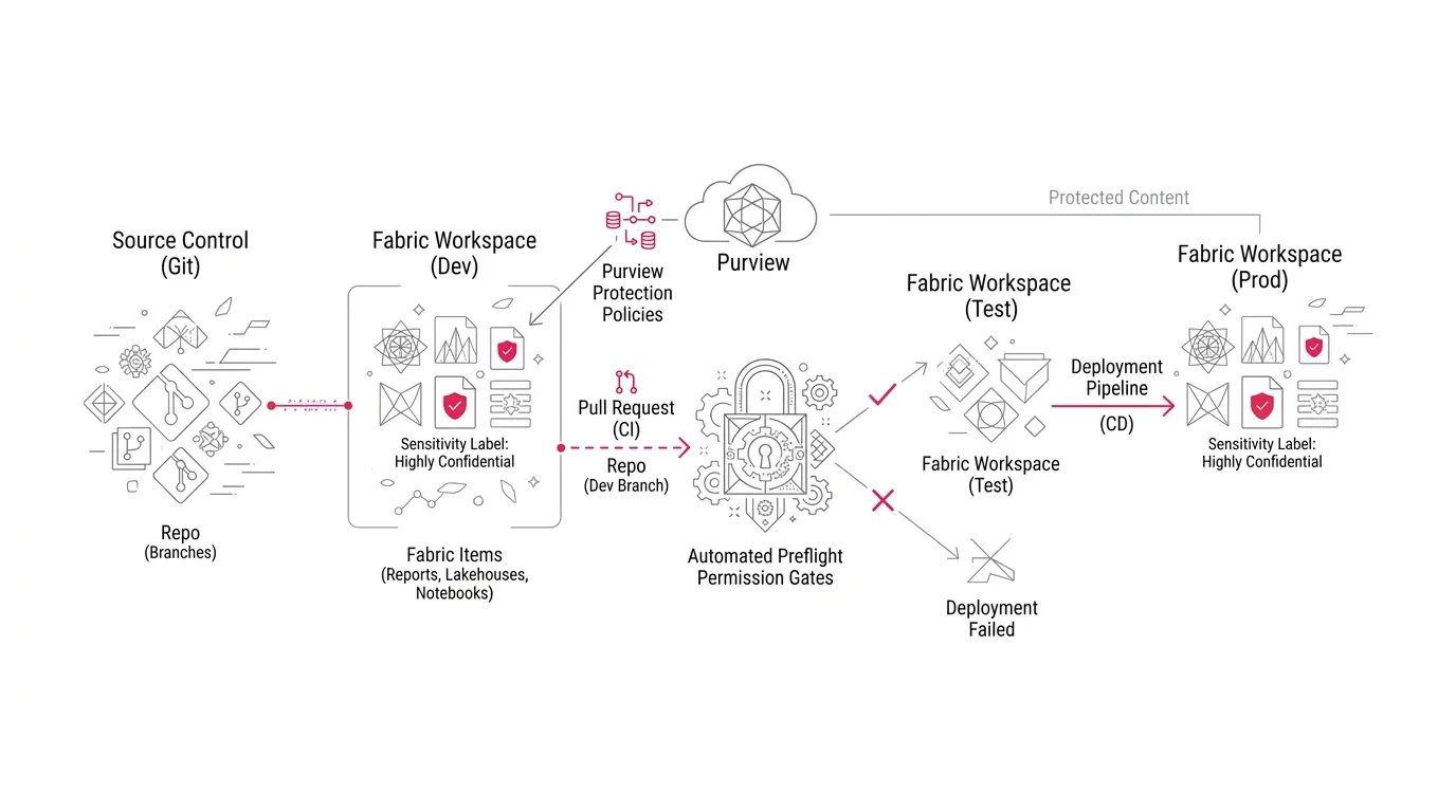 Microsoft Fabric CI/CD deployment pipelines and Git integration architecture for protected content with sensitivity labels and Purview protection policies.