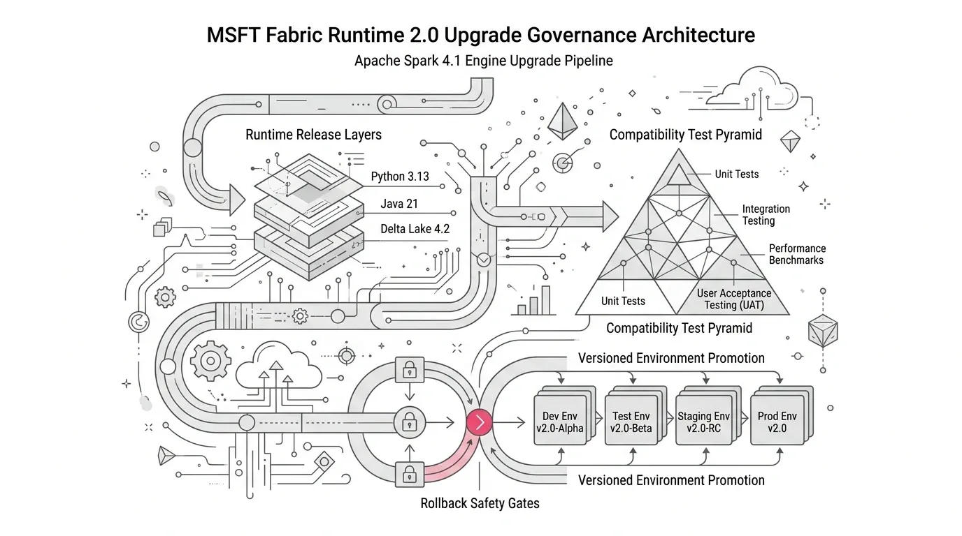 Microsoft Fabric Runtime 2.0 upgrade governance architecture showing Apache Spark 4.1 engine upgrade pipeline, Python 3.13 and Delta Lake 4.2 runtime layers, compatibility test pyramid, versioned environment promotion, and rollback safety gates with subtle #e71e4c accents.