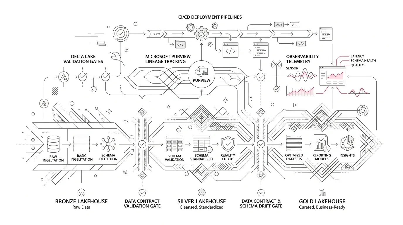 Microsoft Fabric data contracts and schema drift governance across Bronze, Silver, and Gold medallion architecture with Delta Lake validation gates and Purview lineage.