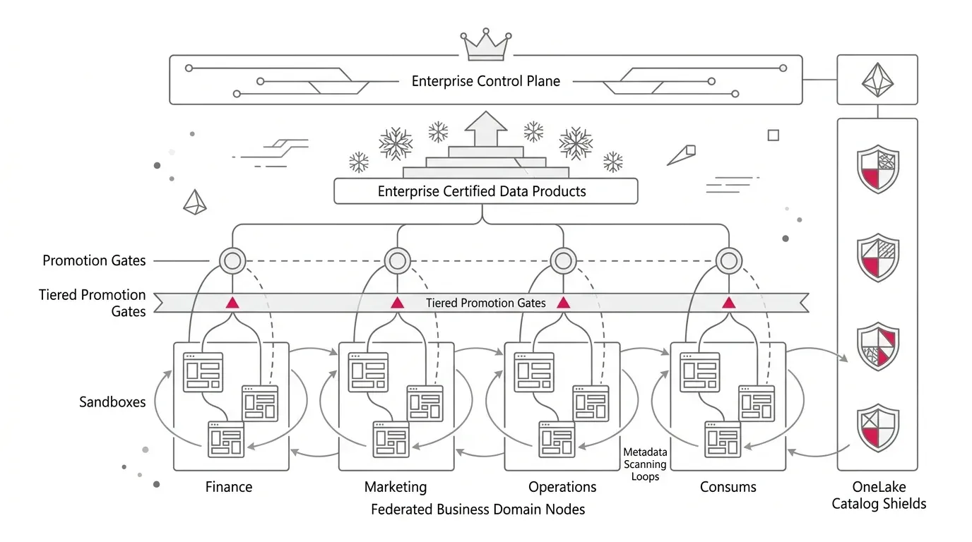 Architectural line art illustrating Microsoft Fabric federated governance, domains, promotion gates, and metadata scanning control loop