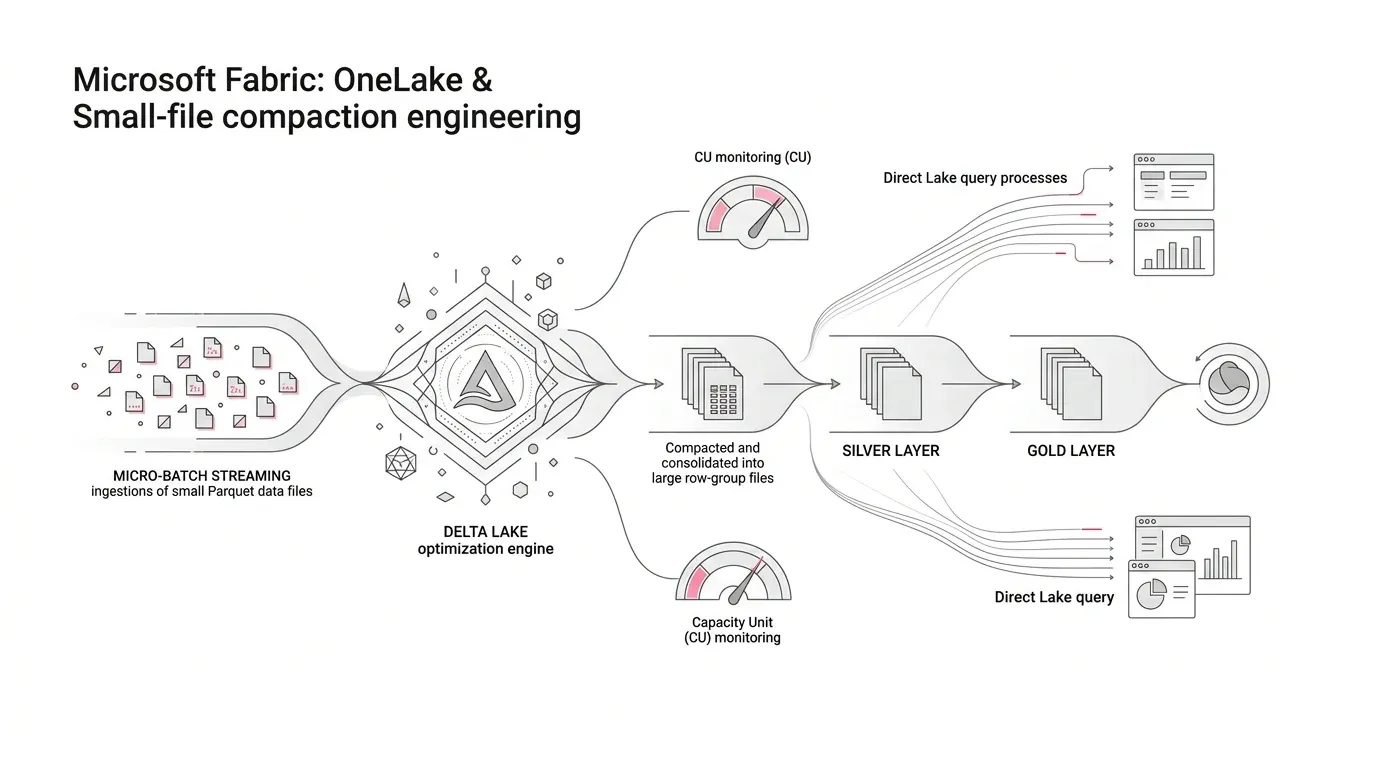 Microsoft Fabric OneLake Delta table file compaction architecture: small-file ingestion transformed into optimized Parquet files across Bronze, Silver, and Gold medallion layers with Direct Lake integration and capacity governance.