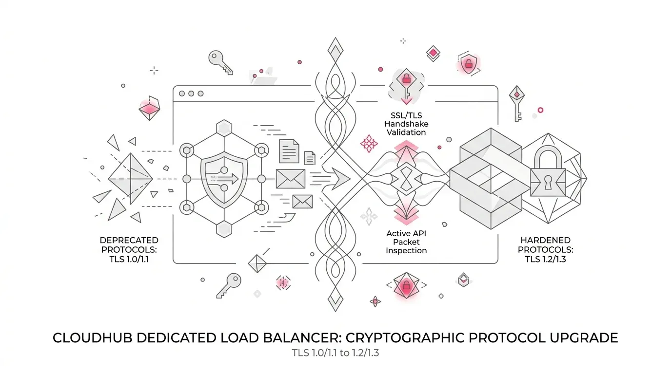 MuleSoft CloudHub dedicated load balancer network interface upgrading cryptographic protocol security from deprecated TLS 1.0/1.1 to hardened TLS 1.2/1.3, with active API packet inspection and SSL certificate handshake validation with subtle #e71e4c accents on pure white background.