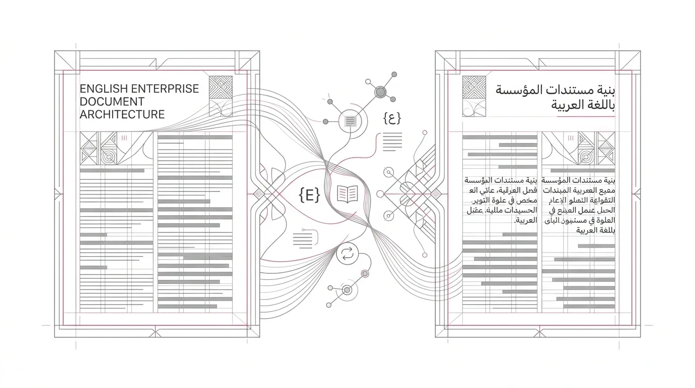 Bilingual enterprise document composition architecture featuring elegant bi-directional English and Arabic typographic typography layout grids, mirrored document frames, and RTL typesetting alignment guides with subtle #e71e4c pink accents on pure white background.