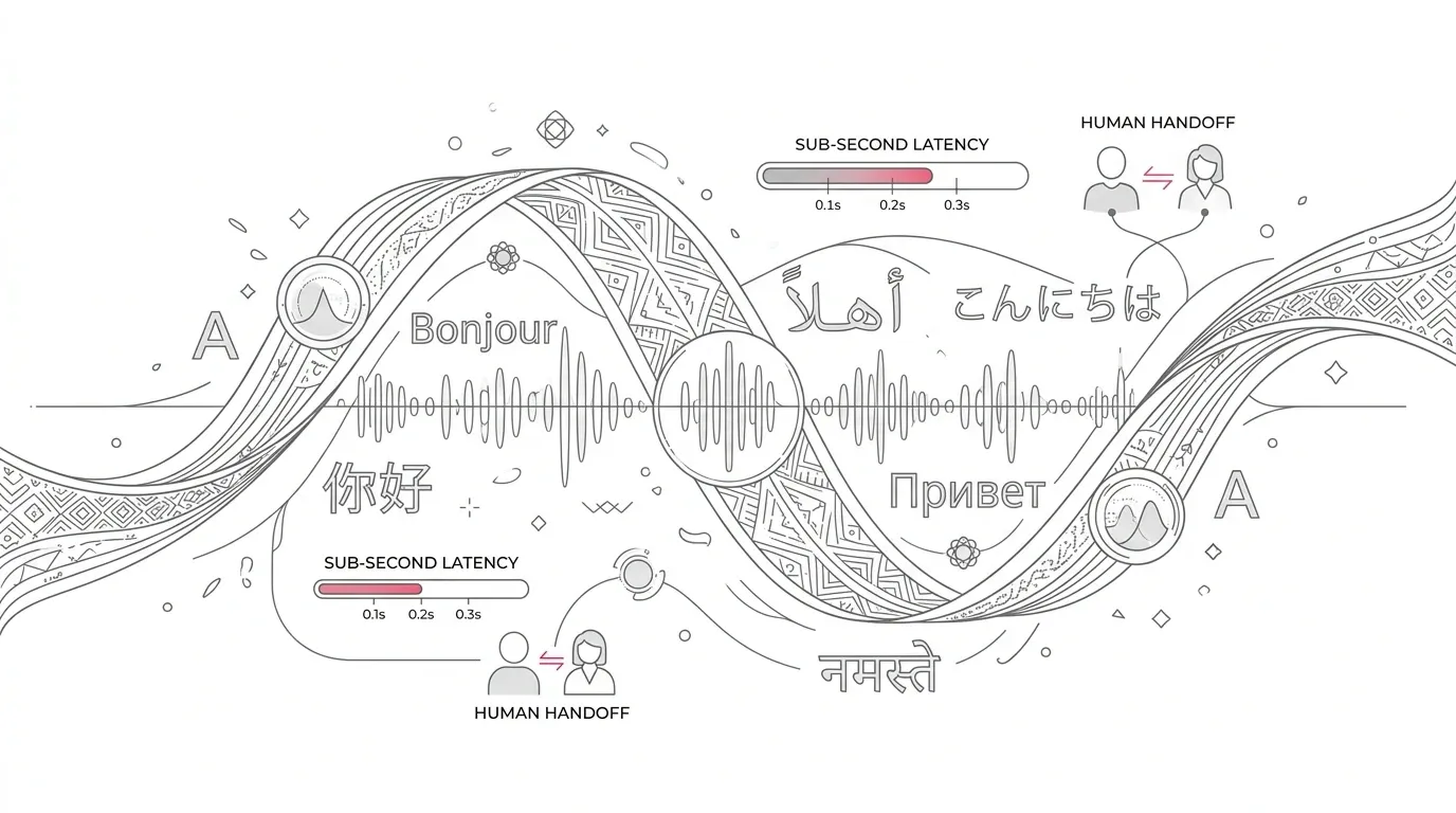 Multilingual voice AI testing architecture showing 10 acceptance test categories, accent and code-switching validation, telephony latency benchmarks, and human handoff protocols with subtle #e71e4c accents on pure white background.