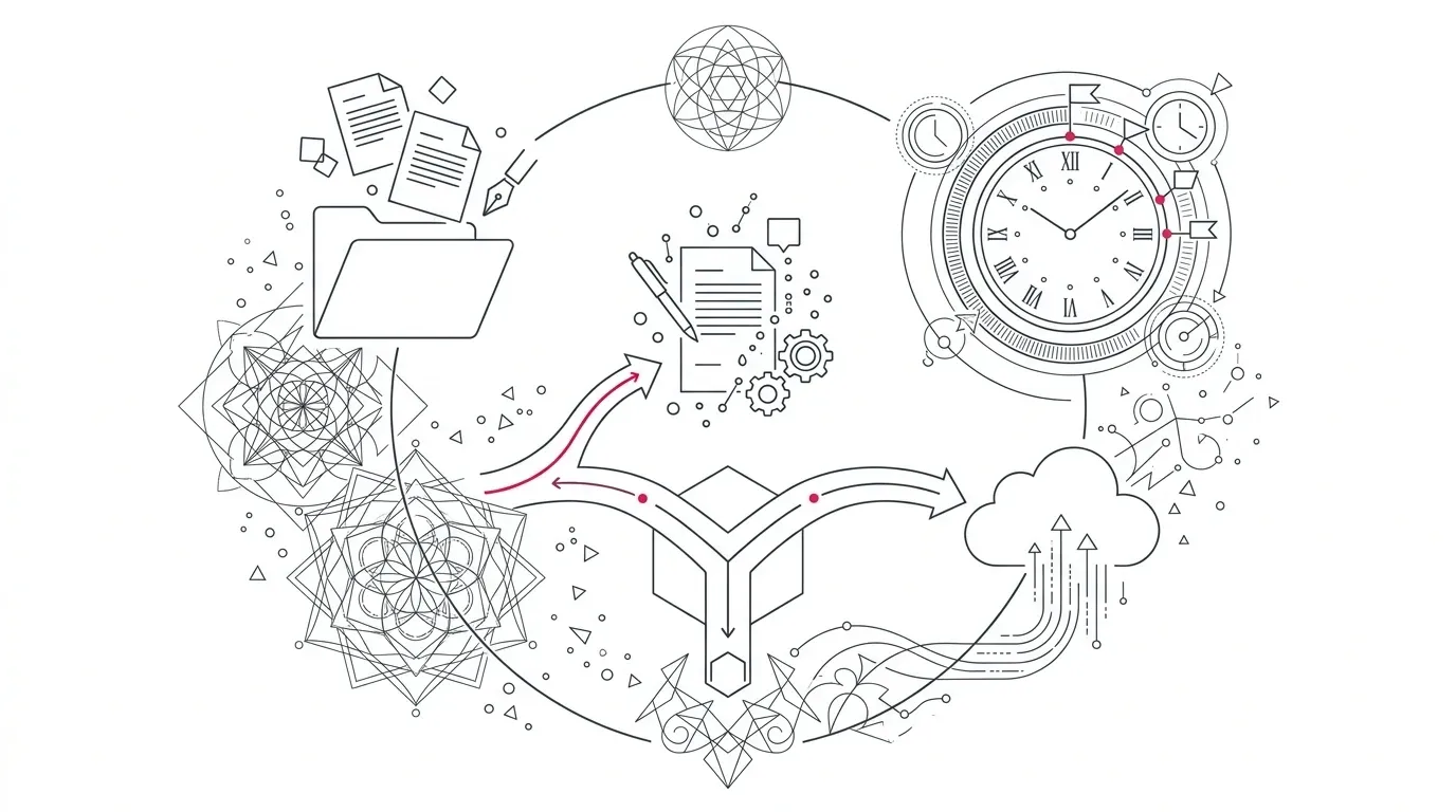 Minimalist vector line art of enterprise document generation templates, support deadline timeline nodes, and cloud migration decision gates with subtle red accents on pure white background.