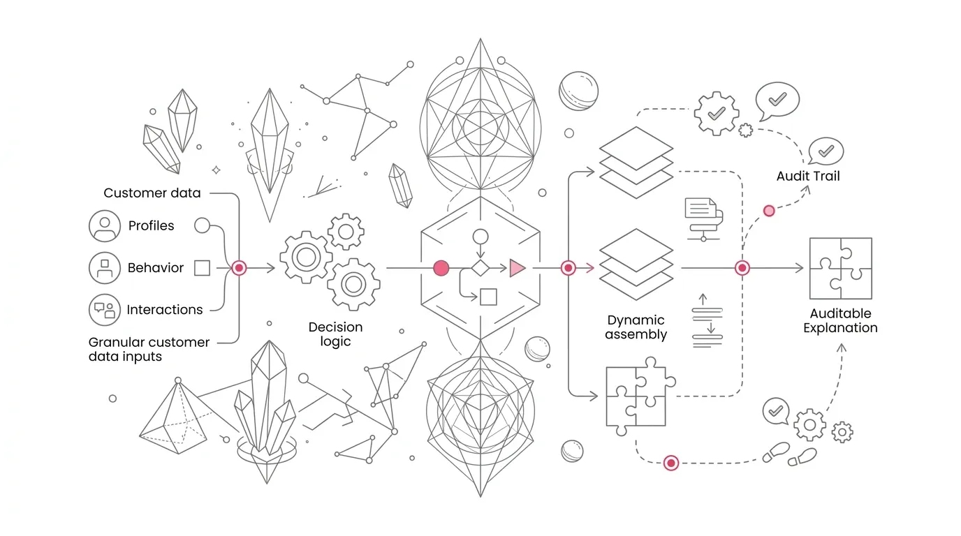 Customer communications personalization provenance graph, showing granular customer data inputs, decision logic rules, dynamic document assembly nodes, and auditable explanation trails with subtle #e71e4c pink accents on pure white background.
