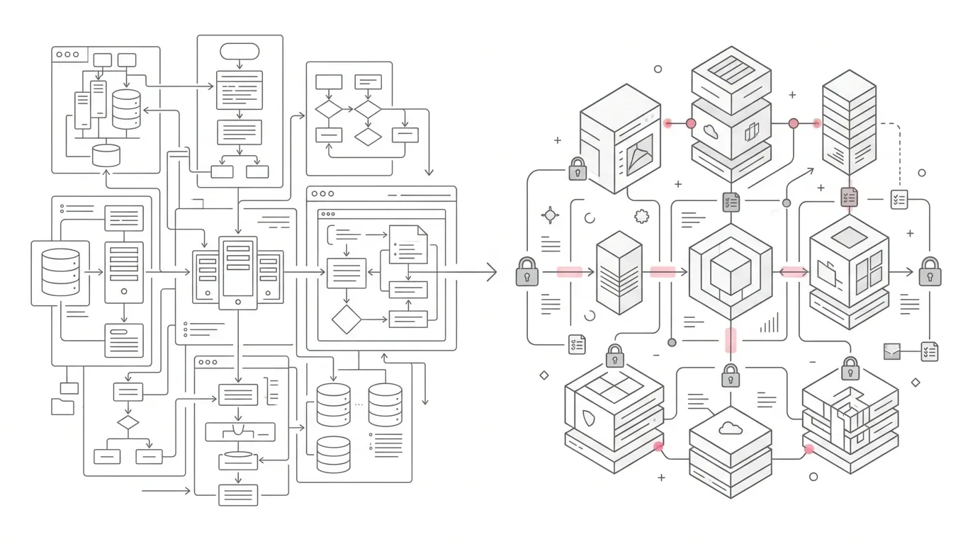 Minimalist vector line art of legacy system flowcharts transitioning into modular cloud microservices with security validation checkpoints and subtle red accents on pure white background.