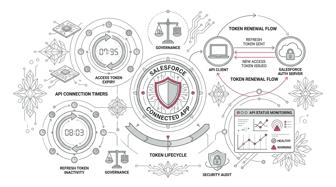 Salesforce 30-day refresh token limit migration architecture showing OAuth 2.0 connected app policies, client credentials flow, integration discovery, and token rotation with subtle #e71e4c accents on pure white background.