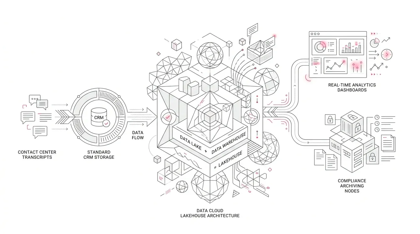 Contact center conversation transcript streams transitioning from standard CRM storage into scalable Data Cloud Lakehouse architecture, with real-time analytics dashboards and compliance archiving nodes with subtle #e71e4c accents on pure white background.