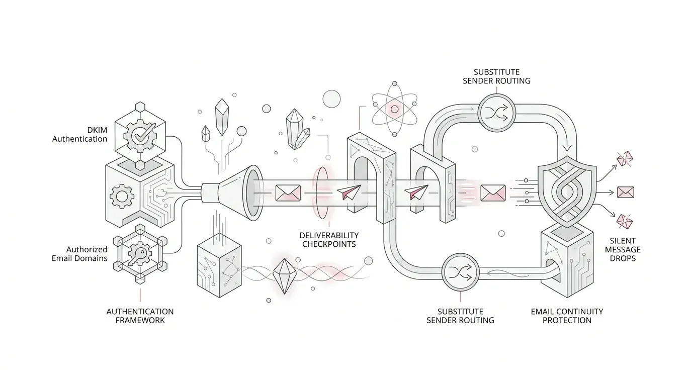 Diagram of Salesforce email passing through domain verification, DKIM authentication, and substitute sender checks before customer delivery.