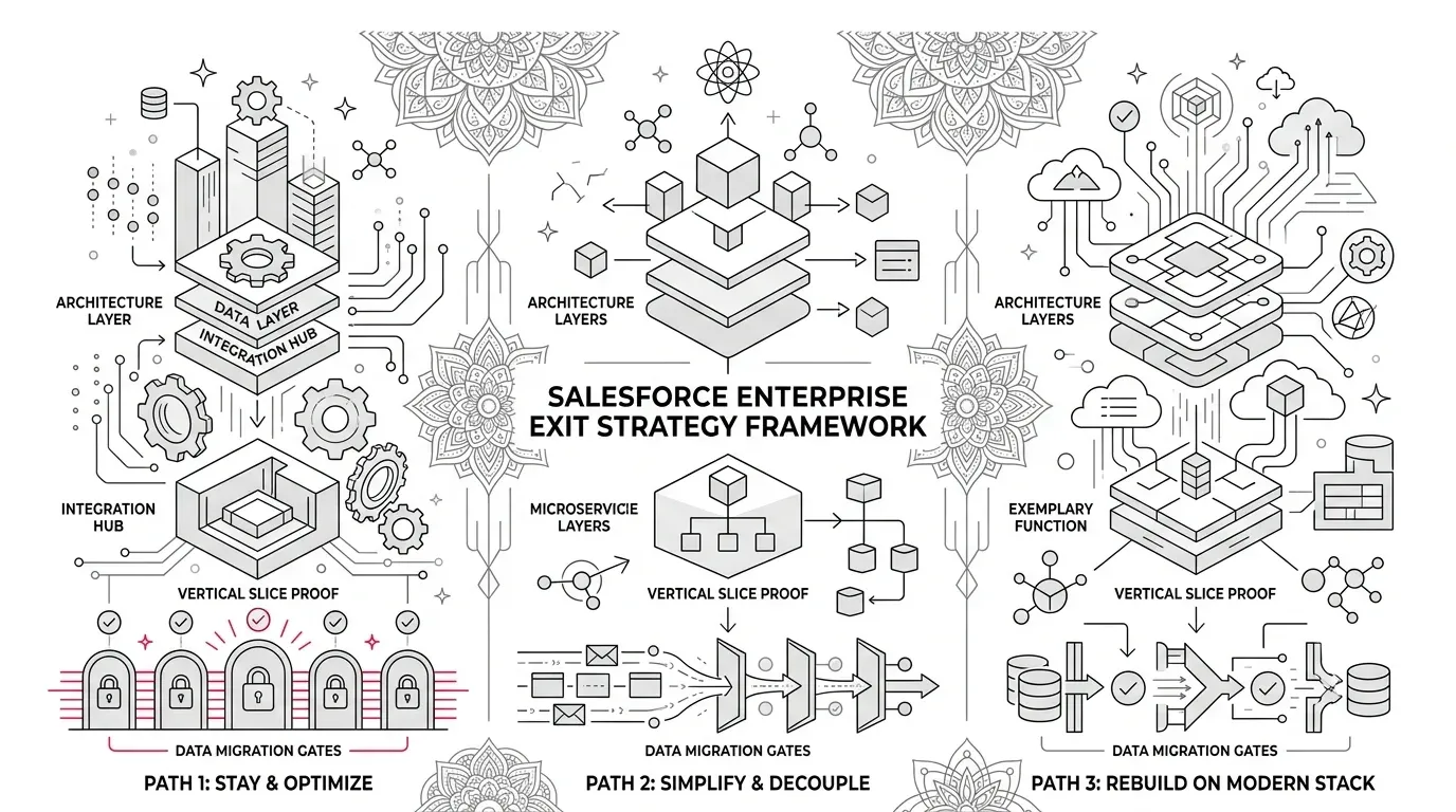 Salesforce enterprise exit strategy decision framework comparing three distinct paths: stay and optimize, simplify and decouple, rebuild on modern stack.