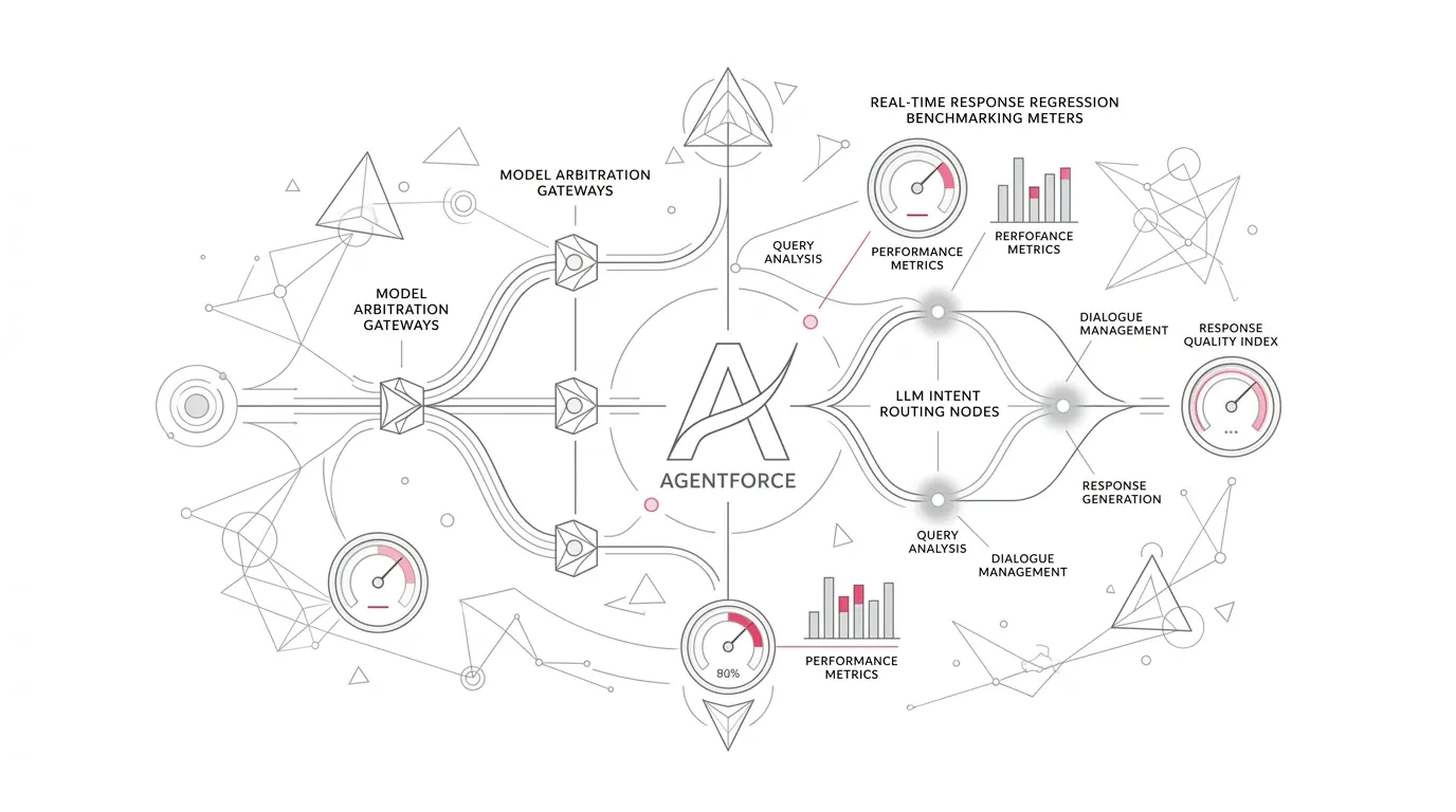 Conversational AI model rerouting matrix for Salesforce Agentforce, showing multi-model arbitration gateways, LLM intent routing nodes, and real-time response regression benchmarking meters with subtle #e71e4c pink accents on pure white background.