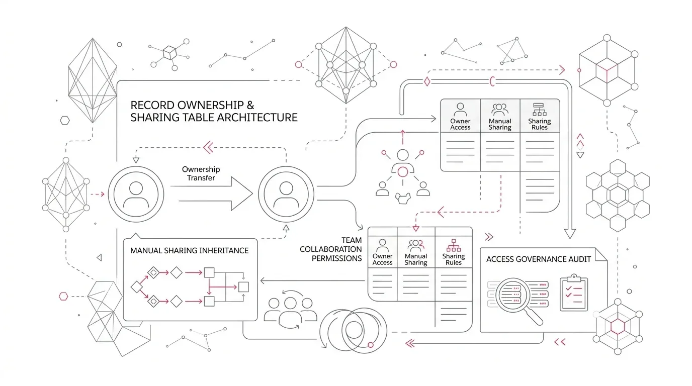 Salesforce record ownership transfer architecture showing Keep Manual Shares toggle, access lifecycle evaluation, sharing table recalculation, and security posture with subtle #e71e4c accents on pure white background.