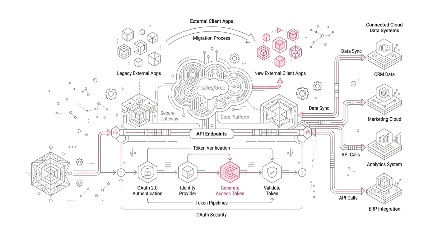 Salesforce integration map showing OAuth migration deadlines, External Client Apps transition, and token verification pipelines across enterprise systems.