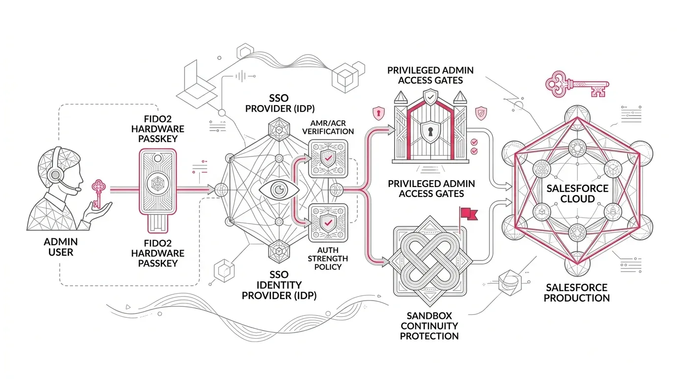 Salesforce administrator authenticating through SSO and a passkey to access production and sandbox orgs.