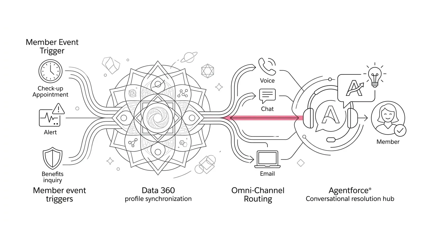Salesforce proactive service architecture for healthcare payers showing member event triggers, Data 360 profile synchronization, Omni-Channel routing, and Agentforce conversational resolution with subtle #e71e4c accents on pure white background.