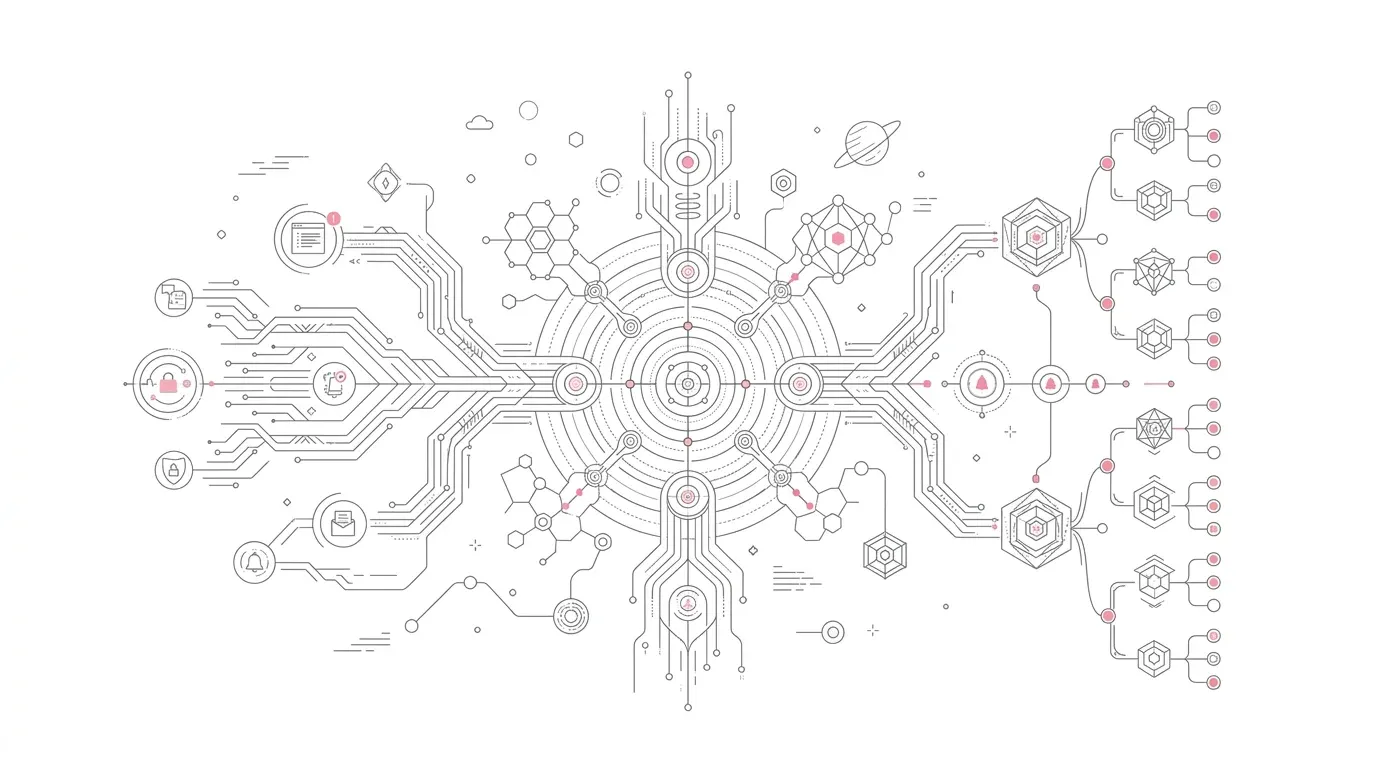 Salesforce security contacts audit architecture showing Org Responsibilities setup, multi-cloud contact registers, incident response routing, and compliance governance with subtle #e71e4c accents on pure white background.