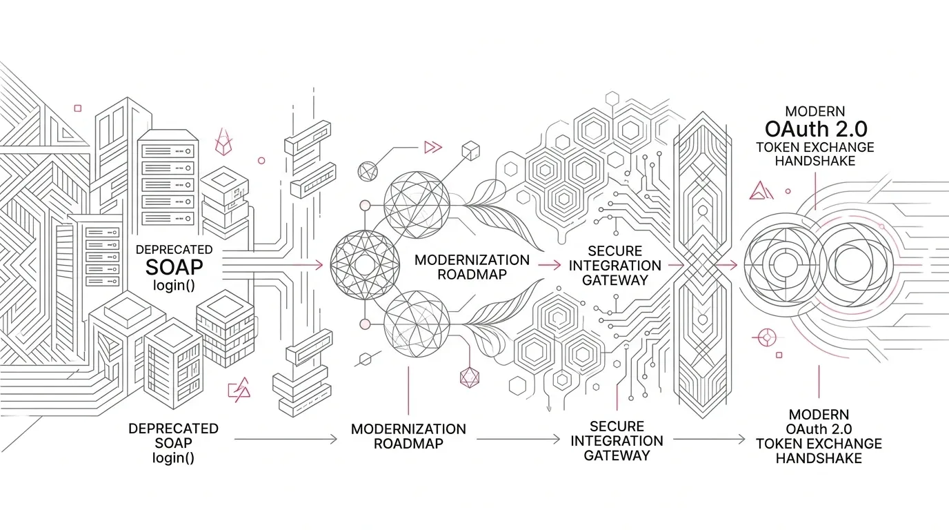 Legacy SOAP API authentication modernization roadmap, showing migration from deprecated login() protocols to modern OAuth 2.0 token exchange handshakes and secure integration gateways with subtle #e71e4c pink accents on pure white background.