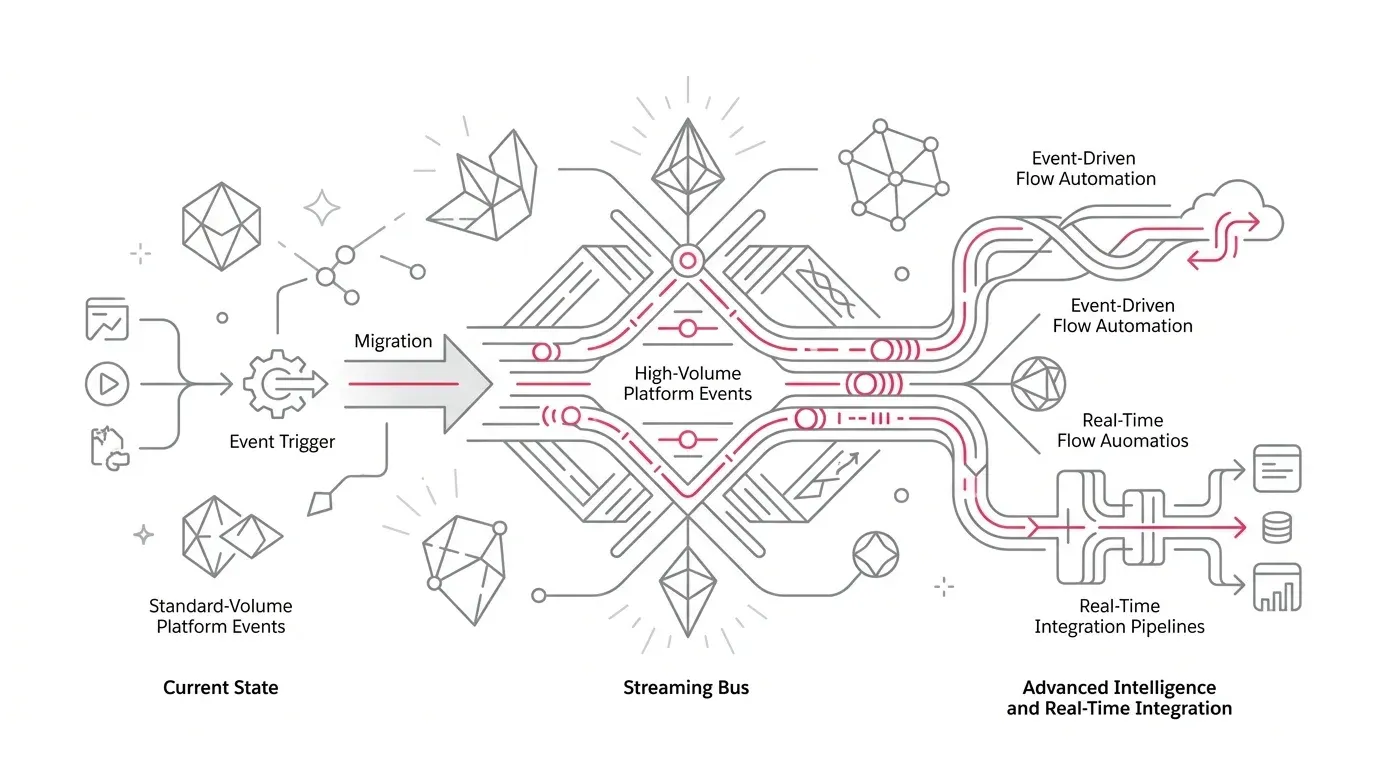 Diagram of Salesforce publishers and subscribers migrating from standard-volume to high-volume Platform Events before December 15, 2026.