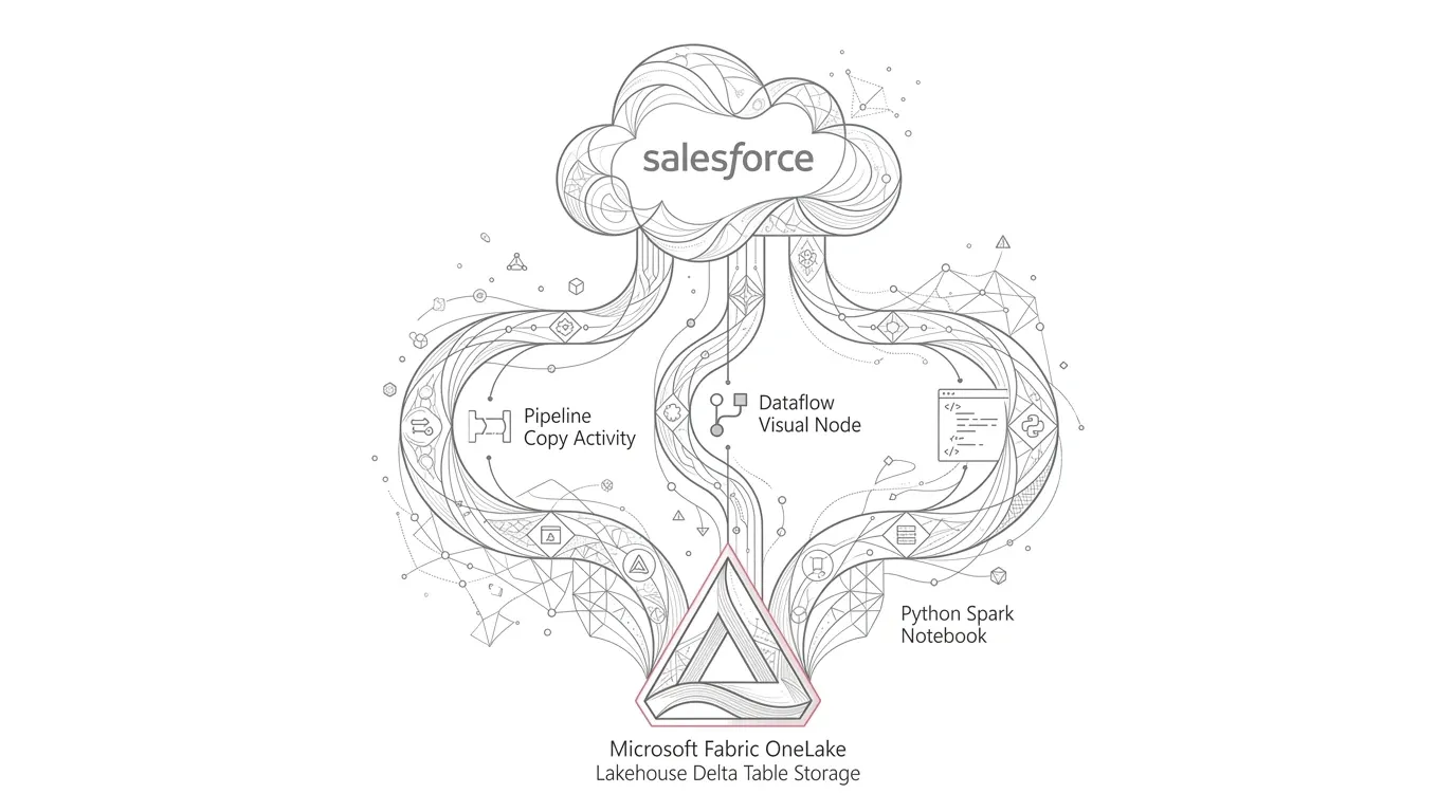 Minimalist vector line art showing Salesforce cloud connecting via pipelines, dataflows, and spark notebooks into Microsoft Fabric OneLake with subtle red accents.