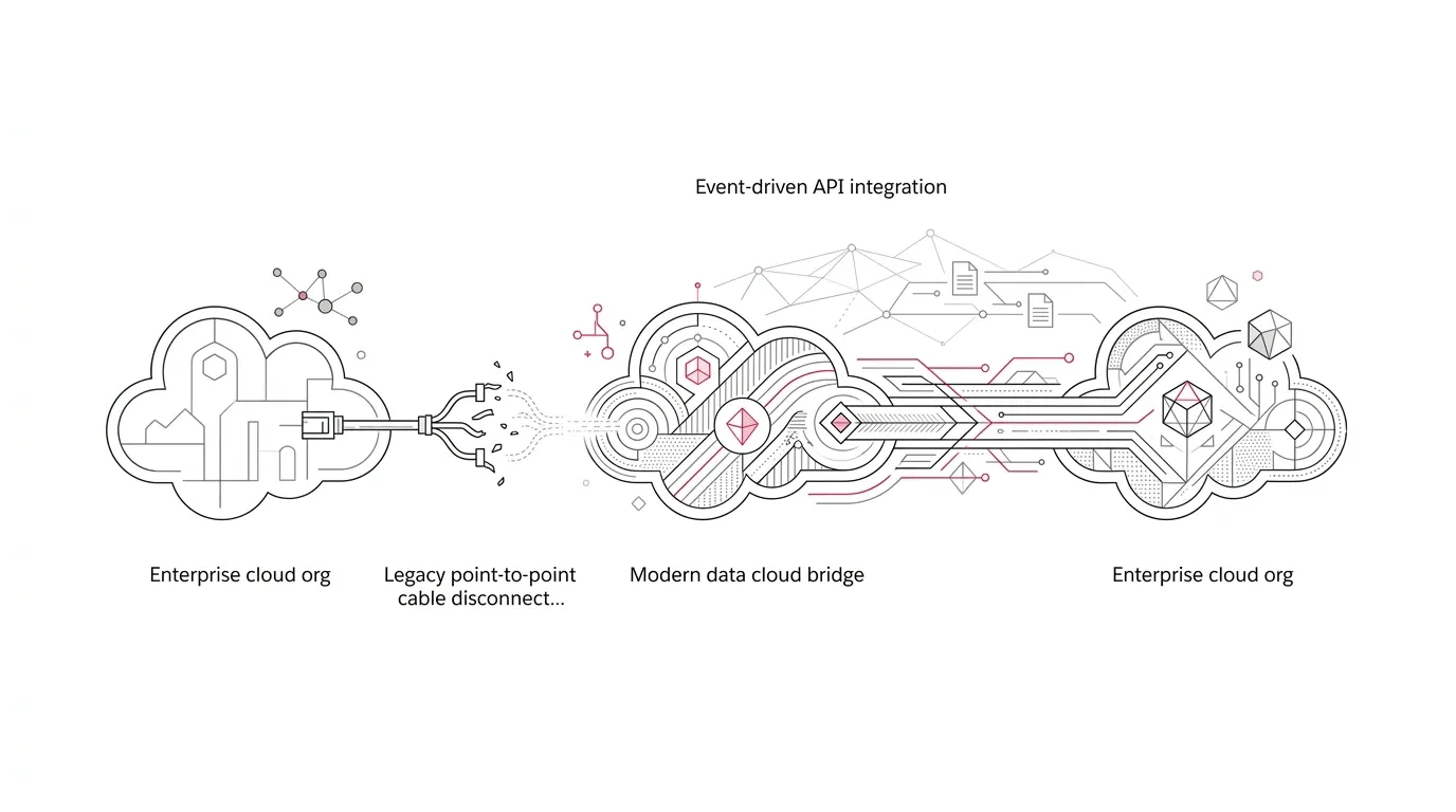 Salesforce-to-Salesforce migration roadmap showing legacy connection retirement, Data Cloud One shared context, MuleSoft integration, and multi-org synchronization with subtle #e71e4c accents on pure white background.