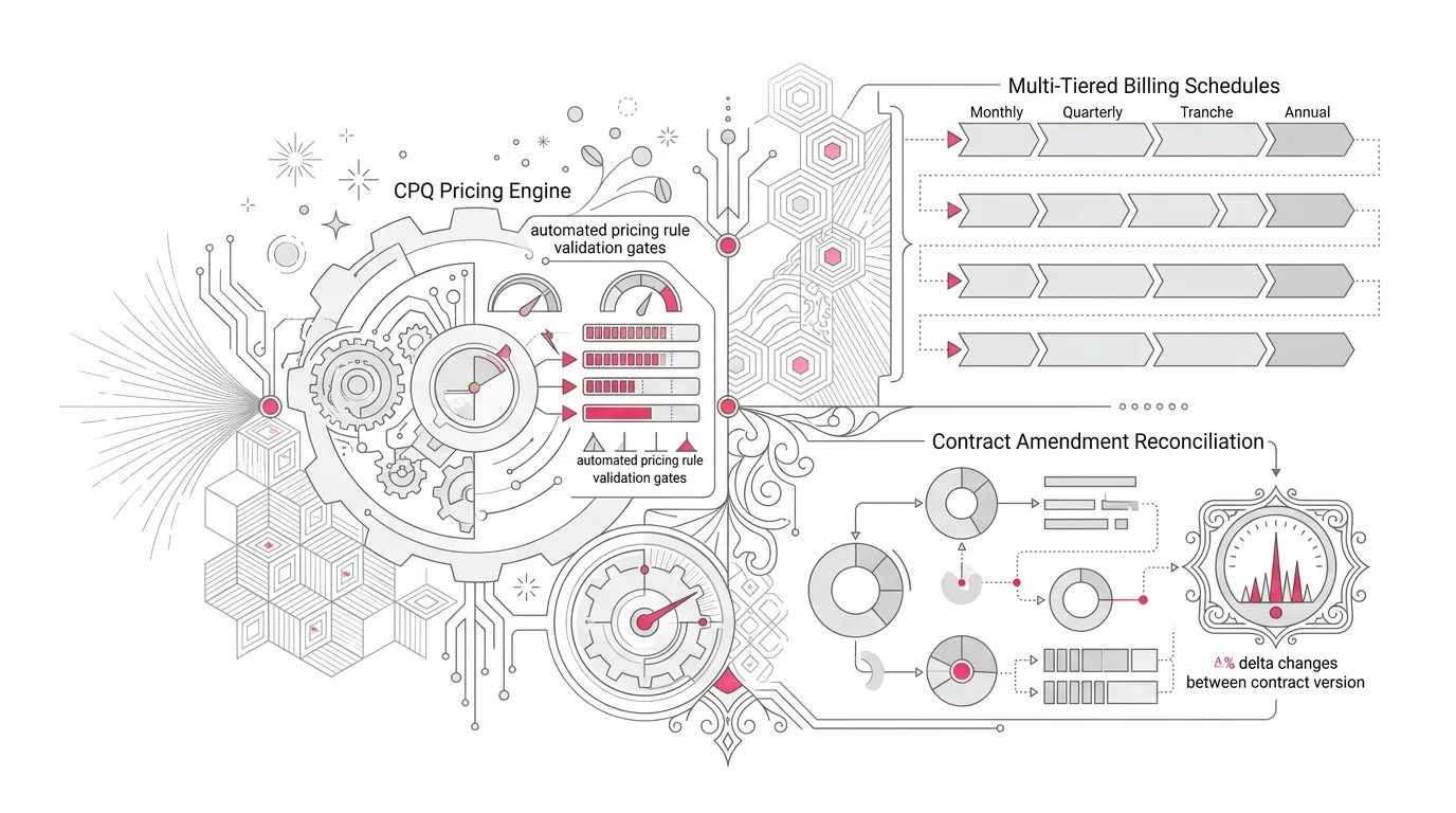 Salesforce Revenue Management and CPQ pricing engine architecture, showing multi-tiered billing schedule flows, automated pricing rule validation gates, and contract amendment reconciliation meters with subtle #e71e4c pink accents on pure white background.