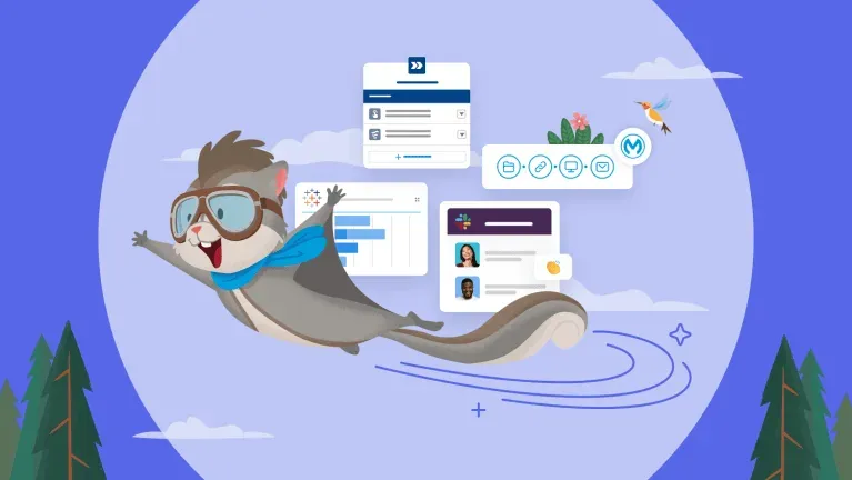 Illustration of a caped flying squirrel gliding past floating Salesforce record cards and chat windows.