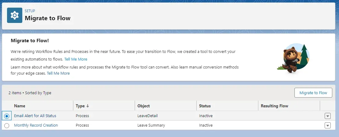 Screenshot of the Salesforce "Migrate to Flow" setup page listing two workflow rules ready to convert, with a "Migrate to Flow" button.