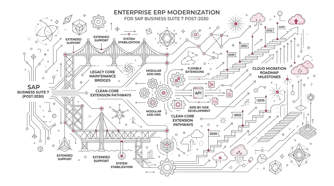 Enterprise ERP modernization decision matrix for SAP Business Suite 7 post-2030, showing legacy core maintenance bridges, clean-core extension pathways, and cloud migration roadmap milestones with subtle #e71e4c pink accents on pure white background.