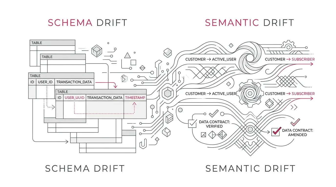 Schema drift versus semantic drift comparison architecture showing structural column changes, contextual meaning divergence, AI agent decision verification, and data contracts with subtle #e71e4c accents on pure white background.