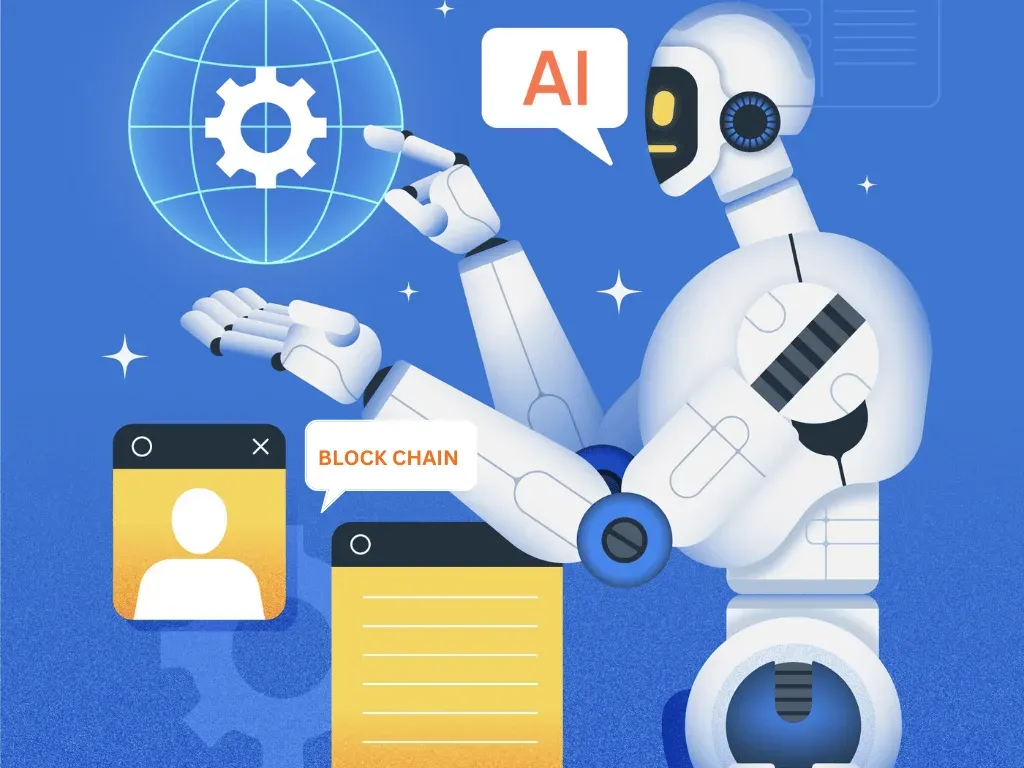 Illustration of robots handling AI, blockchain and identity-verification panels beside a globe and gear icon.