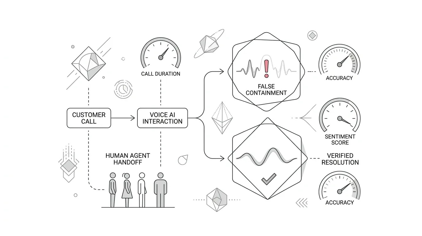 Minimalist vector line art showing voice AI customer call analytics distinguishing false containment from verified resolution, human handoff, and quality telemetry.