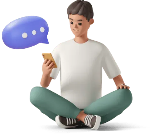 3D illustration of a person sitting cross-legged using a phone, with a speech-bubble icon floating above them.