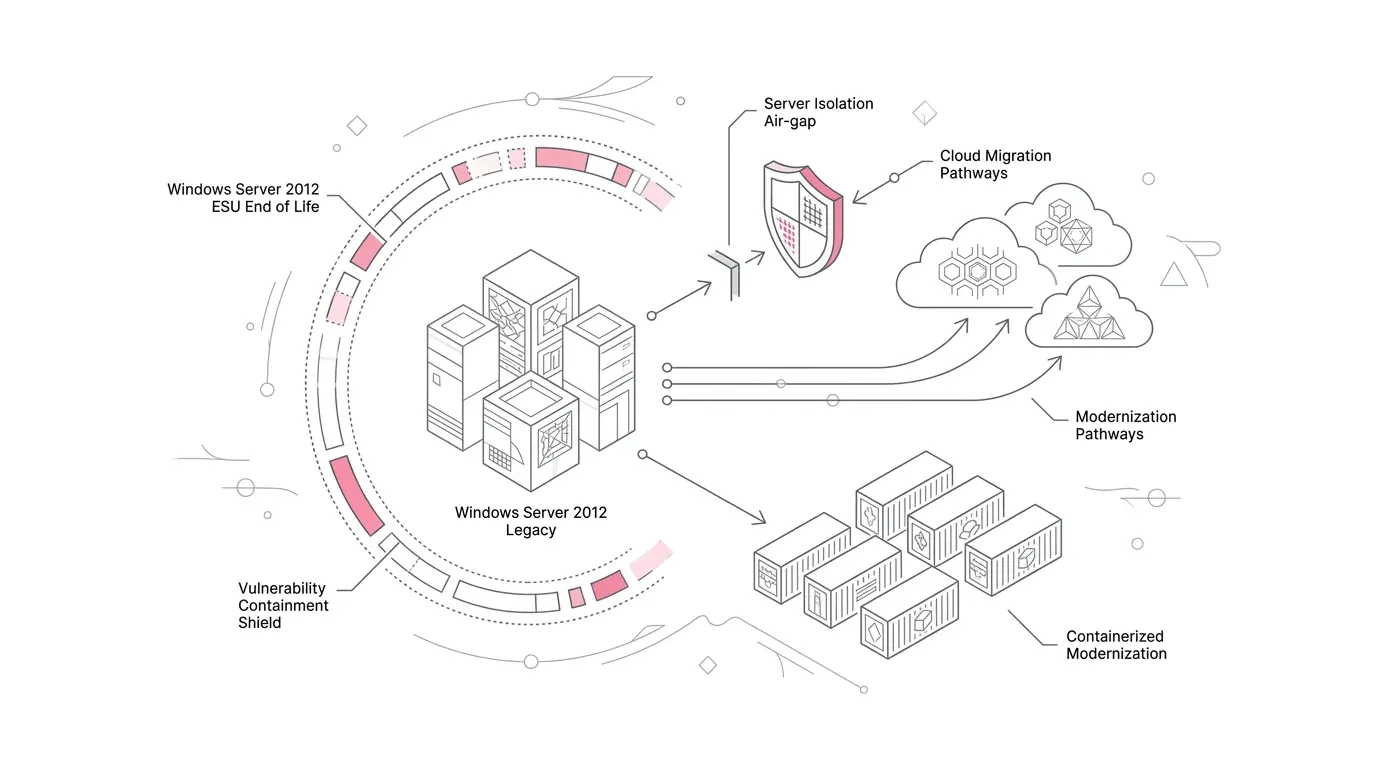 Windows Server 2012 ESU end recovery roadmap showing 90-day application modernization plan, Azure Arc extended security cutover, network isolation, and containerization with subtle #e71e4c accents on pure white background.