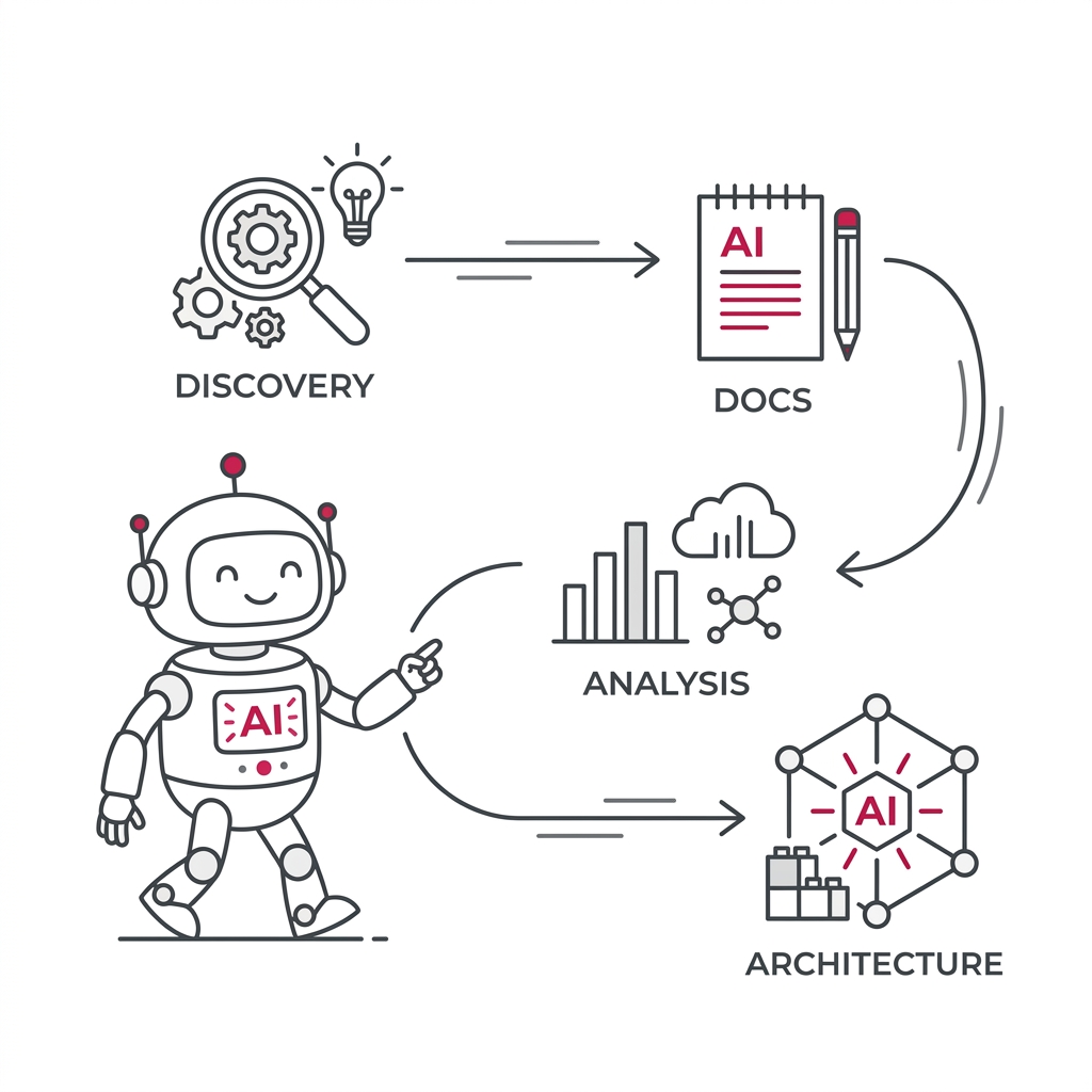 AI Bot embedded in SDLC stages: Discovery, Docs, Analysis, and Architecture