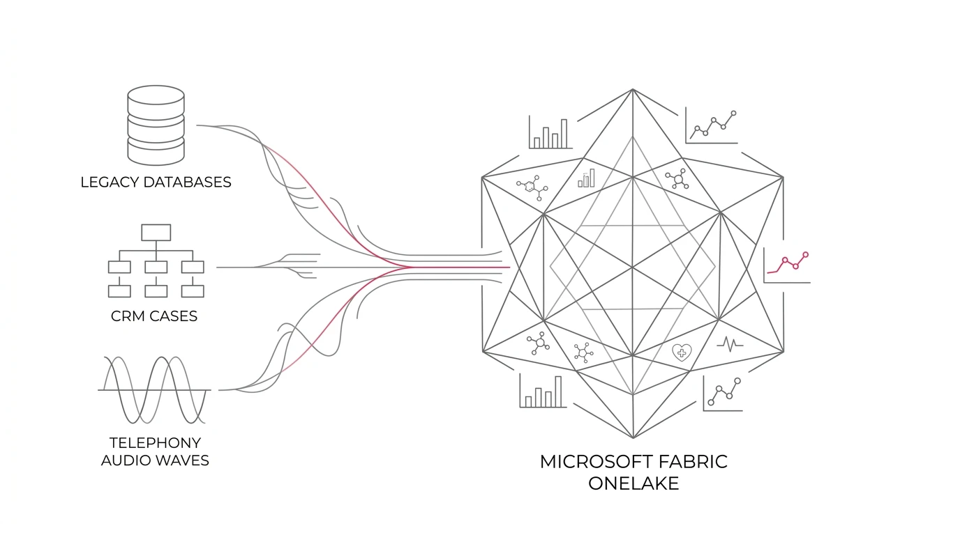 Illustration of healthcare data from databases, CRM cases, and telephony audio waves converging into Microsoft Fabric OneLake